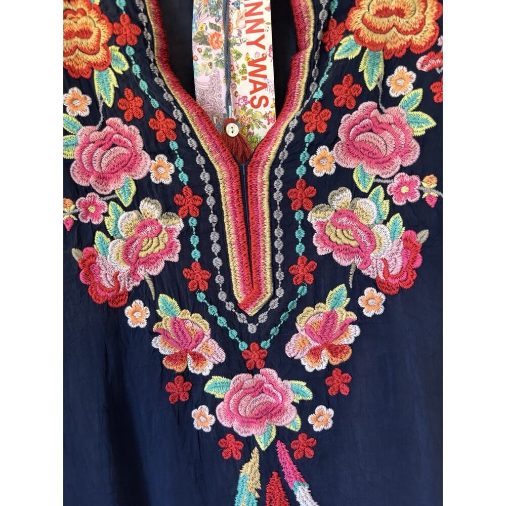 Johnny Was Tunic Blouse Top Medium Blue Vneck Flowy Relaxed Embroidered Long - Picture 6 of 15